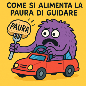 Come si alimenta la paura di guidare – vignetta illustrata Illustrazione colorata che mostra come la paura si alimenta mentre si guida