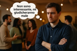 Difficoltà relazionali. Uomo isolato a una festa con pensiero “Non sono interessante, mi giudicheranno male Difficoltà relazionali. Uomo in disparte a una festa che si sente insicuro e pensa di non essere interessante