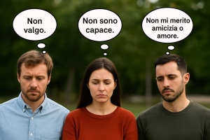 Difficoltà relazionali. Tre persone con convinzioni negative: “Non valgo, non sono capace, non mi merito amicizia o amore” Uomo e donna con vignette che esprimono pensieri negativi su sé stessi e difficoltà relazionali