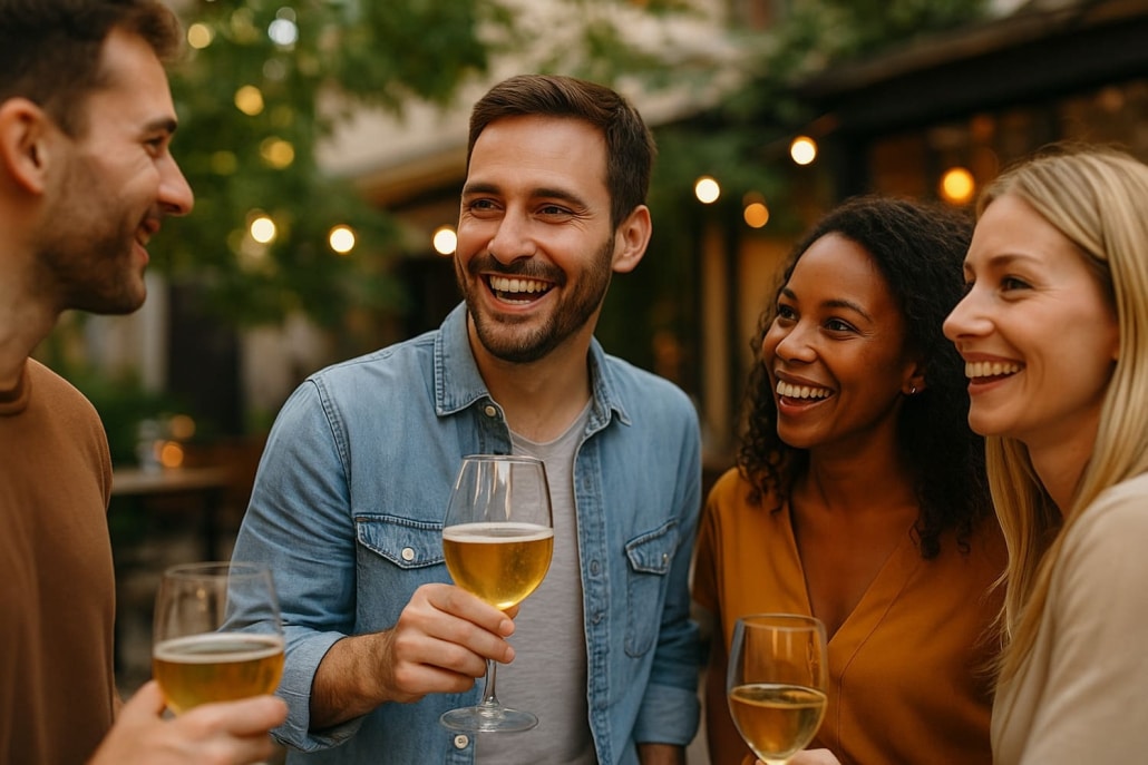 Piacere agli altri e autostima. Persone reali sorridenti durante un aperitivo all’aperto che si sentono a proprio agio e accettate dagli altri grazie all’autostima