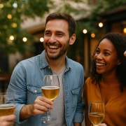 Piacere agli altri e autostima. Persone reali sorridenti durante un aperitivo all’aperto che si sentono a proprio agio e accettate dagli altri grazie all’autostima