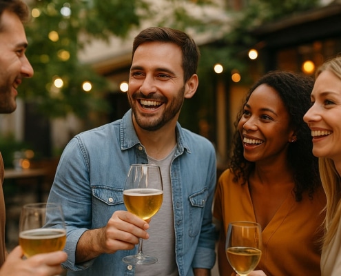 Piacere agli altri e autostima. Persone reali sorridenti durante un aperitivo all’aperto che si sentono a proprio agio e accettate dagli altri grazie all’autostima