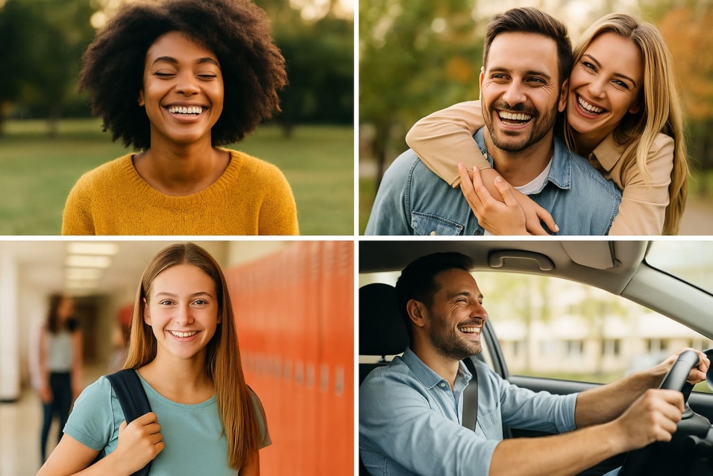 Ansia, Stress e Autostima. Persone sorridenti e serene, tra cui una alla guida, simbolo di equilibrio, benessere e autostima dopo ansia e stress