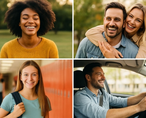 Ansia, Stress e Autostima. Persone sorridenti e serene, tra cui una alla guida, simbolo di equilibrio, benessere e autostima dopo ansia e stress