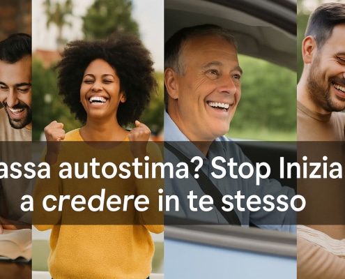 Bassa Autostima. Persone sorridenti e serene di diverse età che rappresentano il superamento della bassa autostima e la ritrovata fiducia in sé stessi