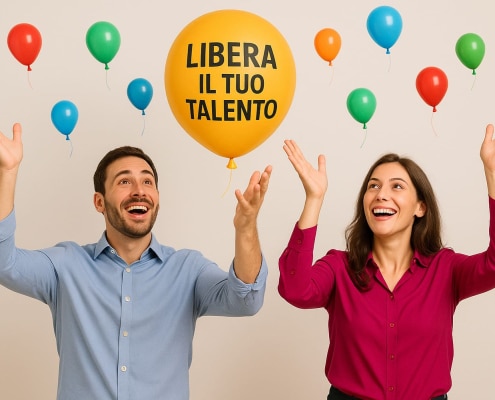 Come liberare il tuo talento. Due persone sorridenti liberano palloncini colorati con la scritta “Libera il tuo talento"