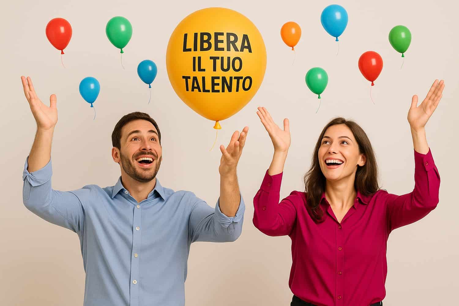 Come liberare il tuo talento – Esprimere il proprio potenziale Come liberare il tuo talento. Due persone sorridenti liberano palloncini colorati con la scritta “Libera il tuo talento"
