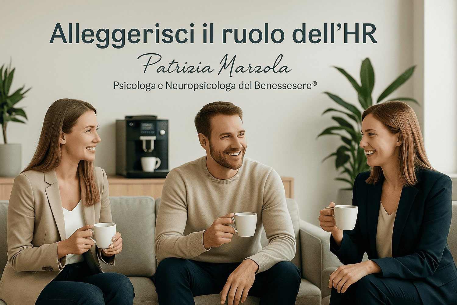 HR gestione conflitti: tre colleghi in sala pausa caffè che dialogano e collaborano in un clima sereno