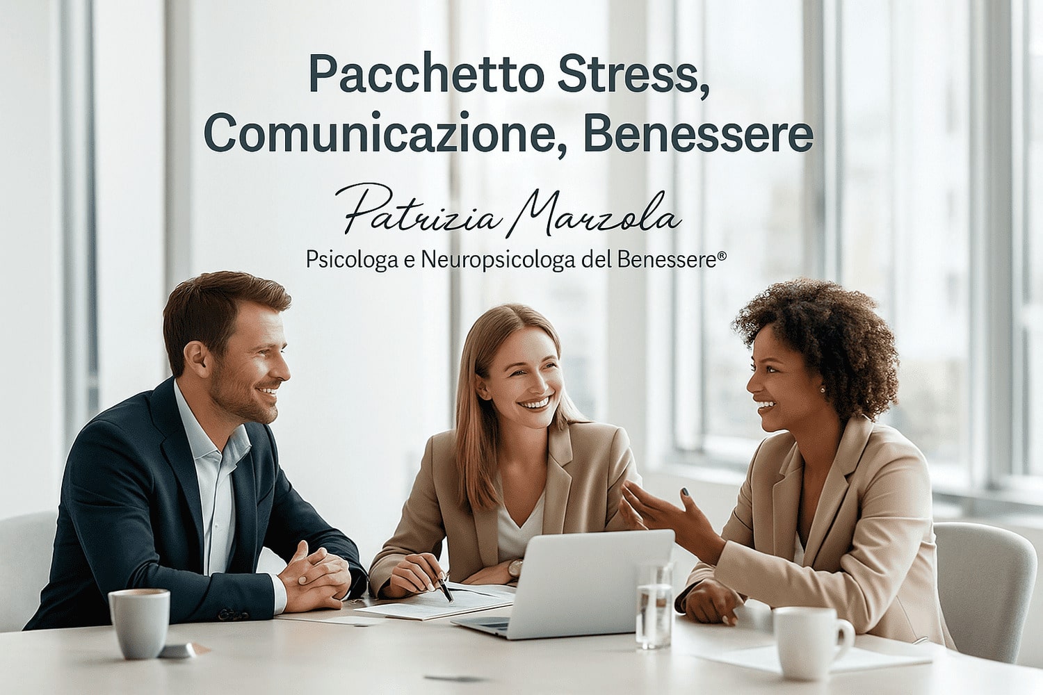 Valutazione Stress Lavoro Correlato per Aziende – Pacchetto Benessere Valutazione stress lavoro correlato per aziende: team che dialoga in un ambiente professionale, rappresentazione del Pacchetto Stress, Comunicazione e Benessere della Dott.ssa Patrizia Marzola psicologa aziendale.