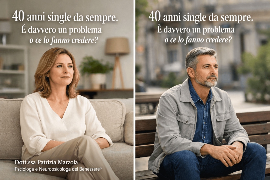 Uomo e donna adulti riflessivi, single a 40 anni, rappresentazione della paura della solitudine e della pressione sociale sulle relazioni
