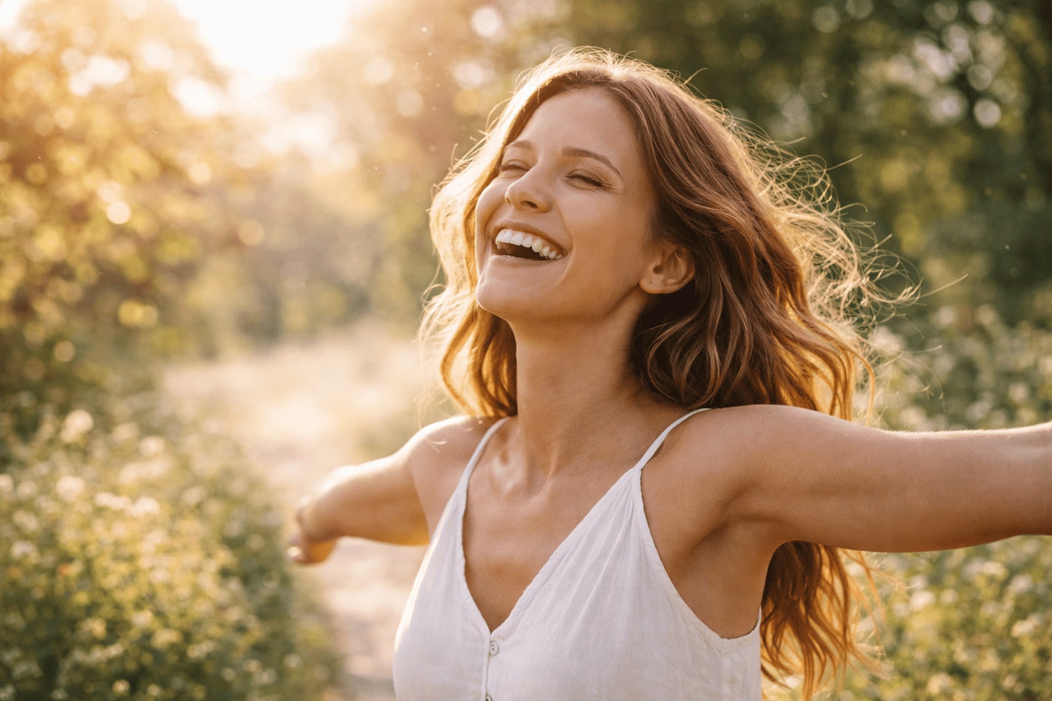 Combattere la dipendenza affettiva e tornare a scegliere se stessi Donna sorridente e serena che ritrova se stessa dopo aver combattuto la dipendenza affettiva