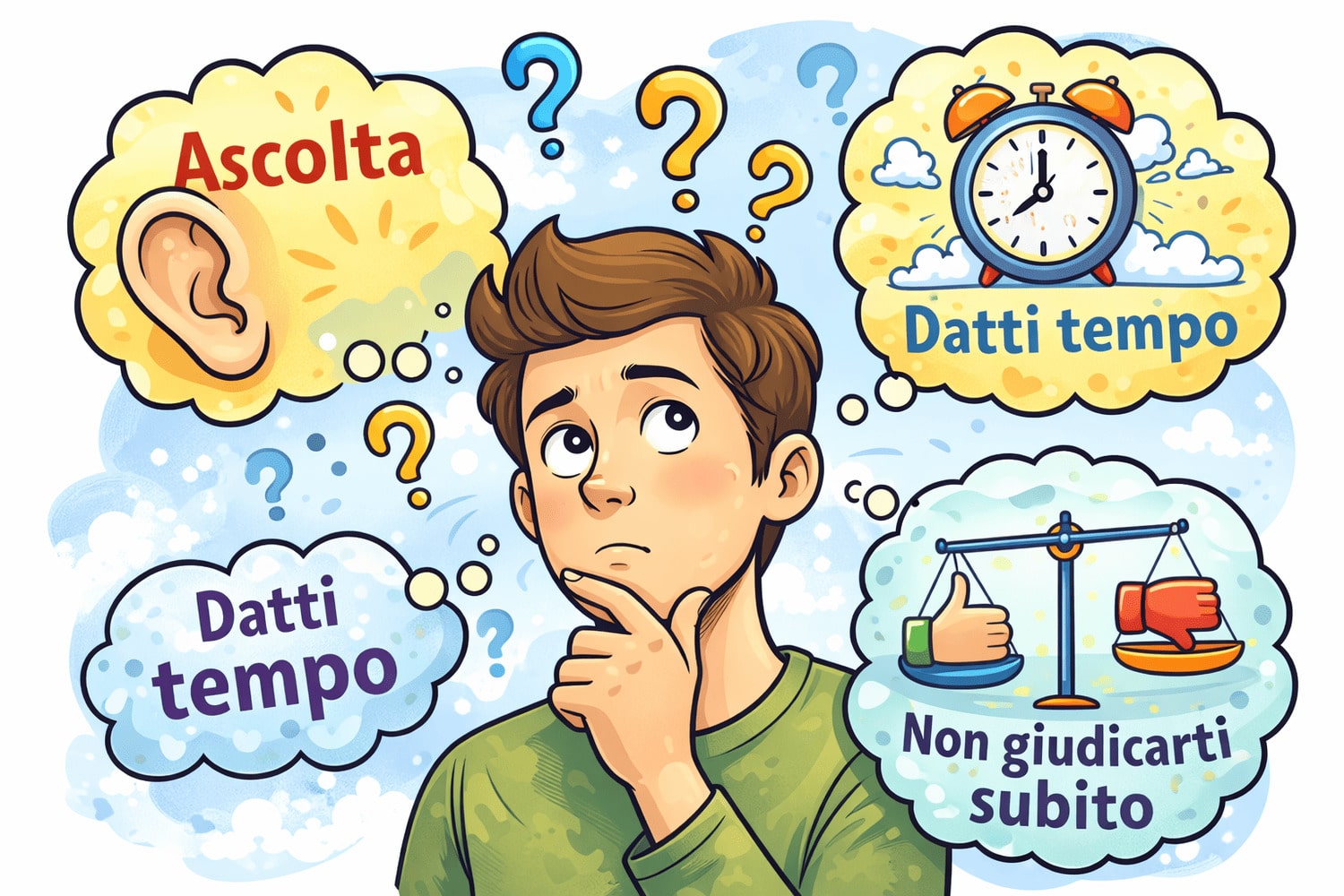 Come superare la timidezza con ascolto e pazienza Come superare la timidezza: vignetta che invita ad ascoltare, darsi tempo e non giudicarsi subito
