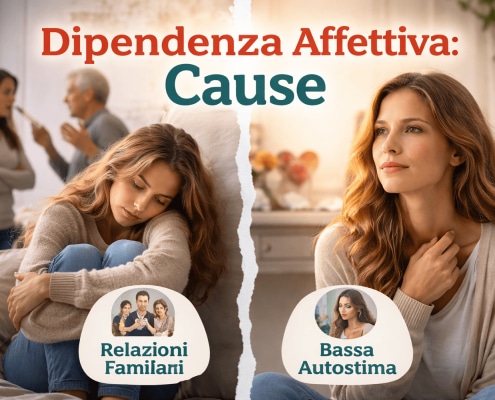 Donna pensierosa divisa tra un passato familiare conflittuale e una riflessione adulta, simbolo delle cause della dipendenza affettiva legate alle relazioni familiari e alla bassa autostima
