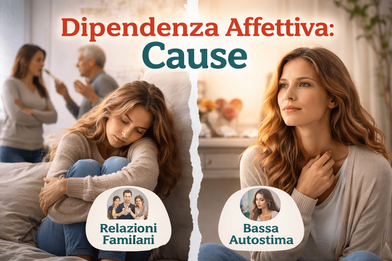 Donna pensierosa divisa tra un passato familiare conflittuale e una riflessione adulta, simbolo delle cause della dipendenza affettiva legate alle relazioni familiari e alla bassa autostima