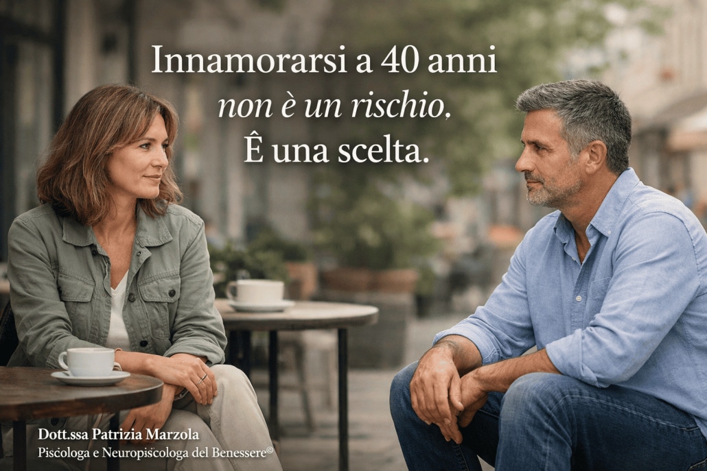 Uomo e donna adulti diversi tra loro, contesto sociale reale, rappresentazione dell’innamorarsi a 40 anni come scelta consapevole