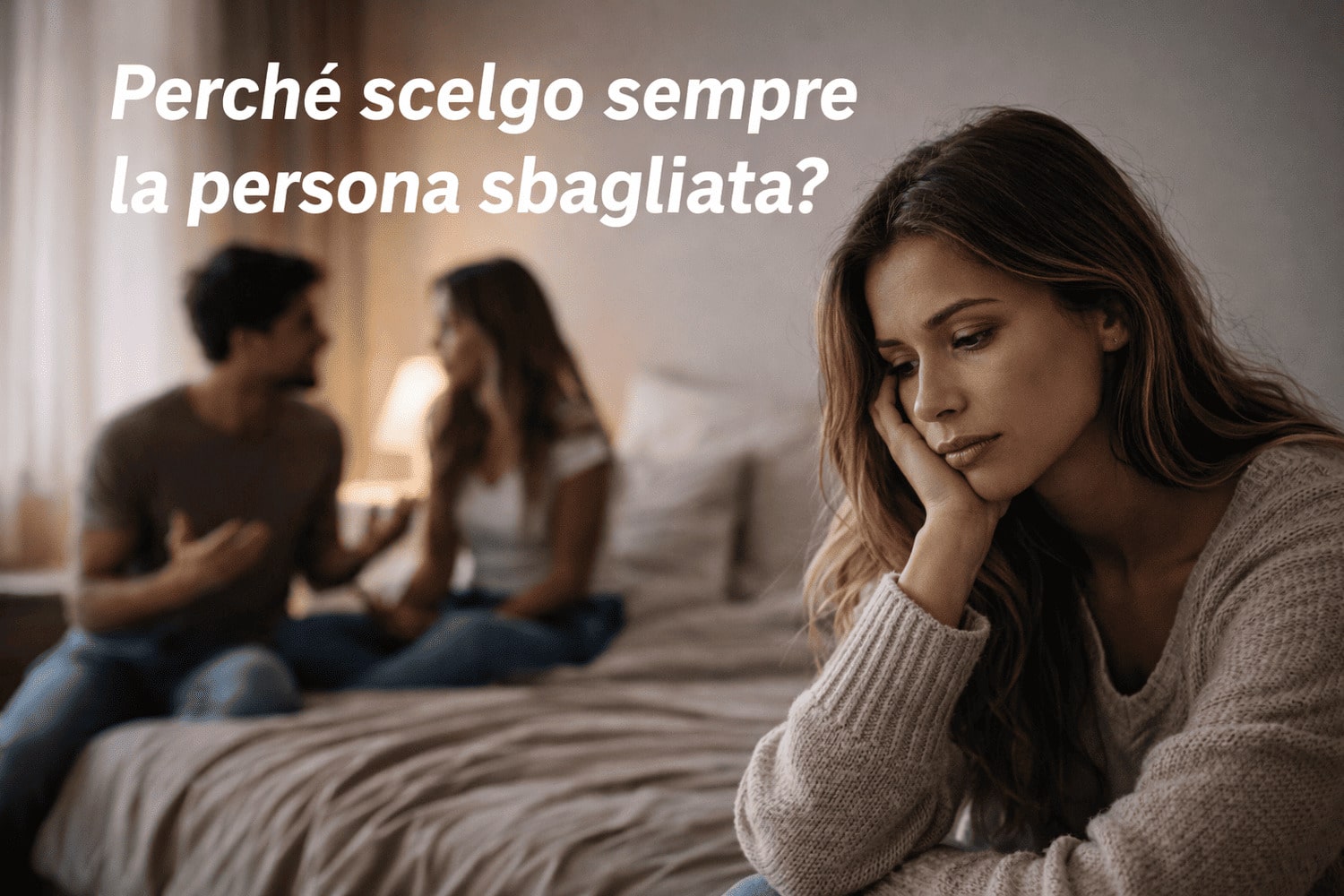 Perché scelgo sempre la persona sbagliata? – Schemi nelle relazioni Perché scelgo sempre la persona sbagliata? Donna pensierosa in primo piano mentre una coppia discute sullo sfondo, simbolo di chi si chiede perché sceglie sempre la persona sbagliata nelle relazioni