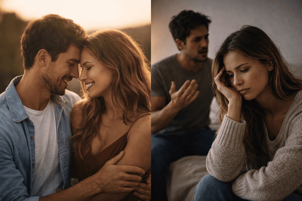 Confronto tra una relazione felice all’inizio e una relazione malata nel tempo, con una donna triste e un partner distante