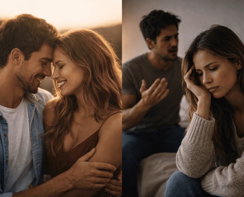 Confronto tra una relazione felice all’inizio e una relazione malata nel tempo, con una donna triste e un partner distante