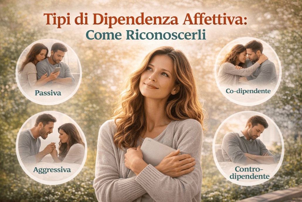 Donna serena che riflette sulle relazioni, con immagini simboliche dei diversi tipi di dipendenza affettiva: passiva, co-dipendente, aggressiva e contro-dipendente