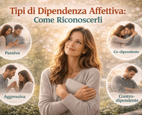 Donna serena che riflette sulle relazioni, con immagini simboliche dei diversi tipi di dipendenza affettiva: passiva, co-dipendente, aggressiva e contro-dipendente