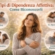 Donna serena che riflette sulle relazioni, con immagini simboliche dei diversi tipi di dipendenza affettiva: passiva, co-dipendente, aggressiva e contro-dipendente