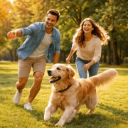 Coppia felice che gioca con il proprio cane nel parco, simbolo di serenità emotiva e superamento di ansia e mal d’amore