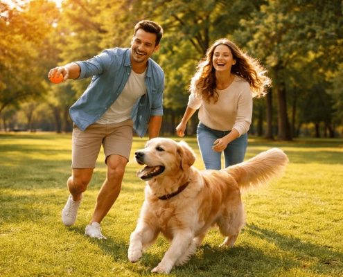 Coppia felice che gioca con il proprio cane nel parco, simbolo di serenità emotiva e superamento di ansia e mal d’amore