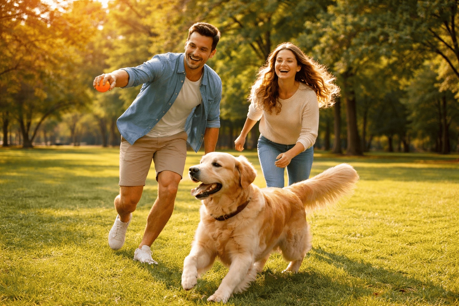 Vincere ansia e mal d’amore – serenità emotiva e relazioni sane Coppia felice che gioca con il proprio cane nel parco, simbolo di serenità emotiva e superamento di ansia e mal d’amore