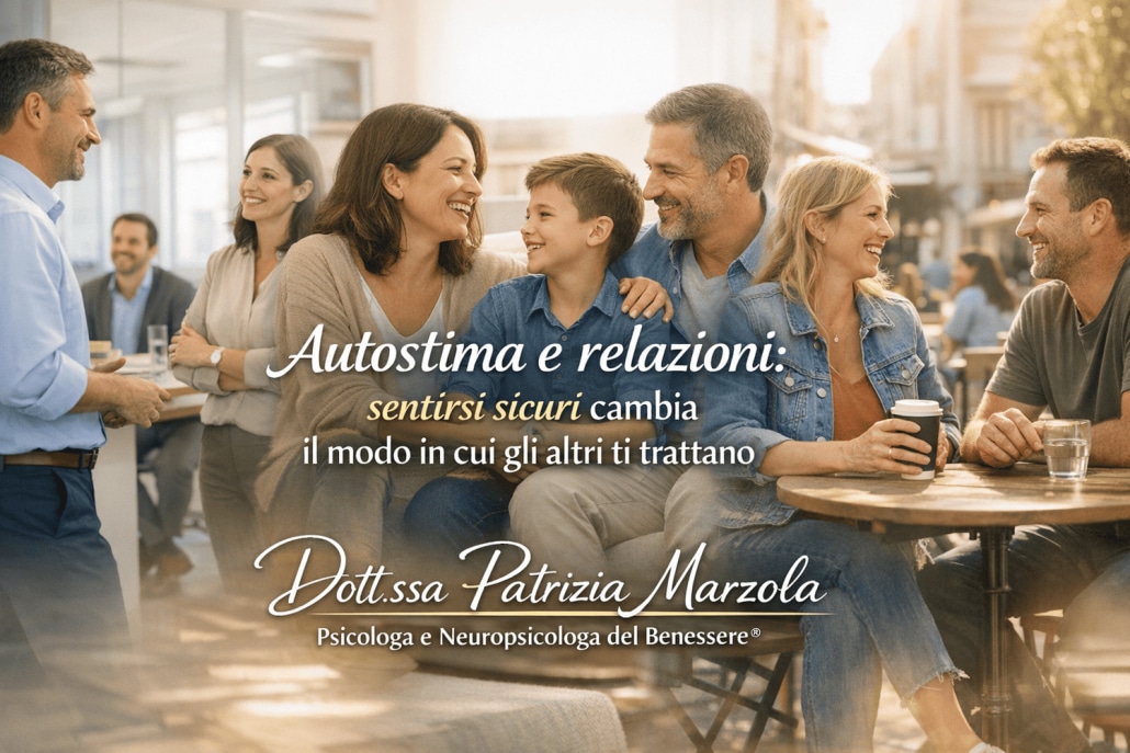 Uomini e donne in contesti di lavoro, famiglia e amicizia che comunicano con sicurezza, esempio di come autostima e relazioni influenzano il modo di stare con gli altri.