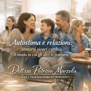 Uomini e donne in contesti di lavoro, famiglia e amicizia che comunicano con sicurezza, esempio di come autostima e relazioni influenzano il modo di stare con gli altri.