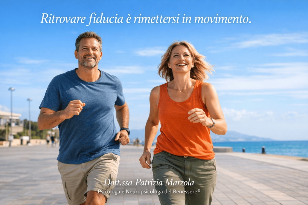 Uomo e donna in movimento che camminano insieme con espressione serena, simbolo di autostima che cresce e fiducia ritrovata