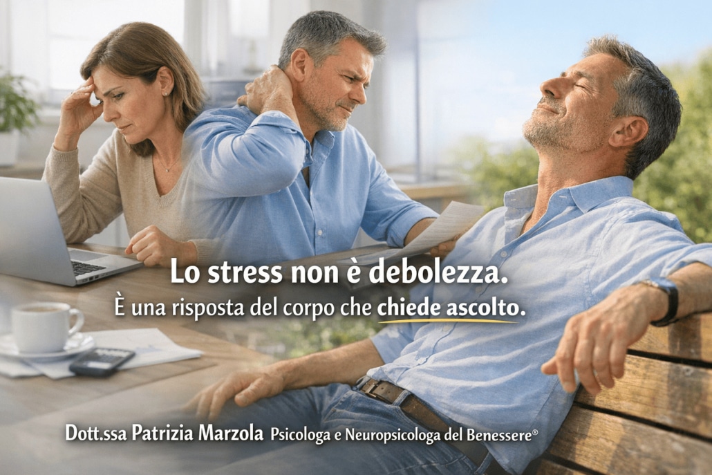 Persona adulta che vive stress psicologico, con tensione corporea e attivazione del sistema nervoso, spiegazione visiva di come funziona lo stress