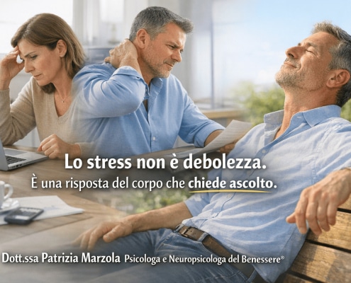 Persona adulta che vive stress psicologico, con tensione corporea e attivazione del sistema nervoso, spiegazione visiva di come funziona lo stress