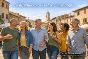 Persone adulte sorridenti in un contesto sociale all’aperto che rappresentano la possibilità di uscire dalla depressione e ritrovare energia, relazioni e benessere emotivo