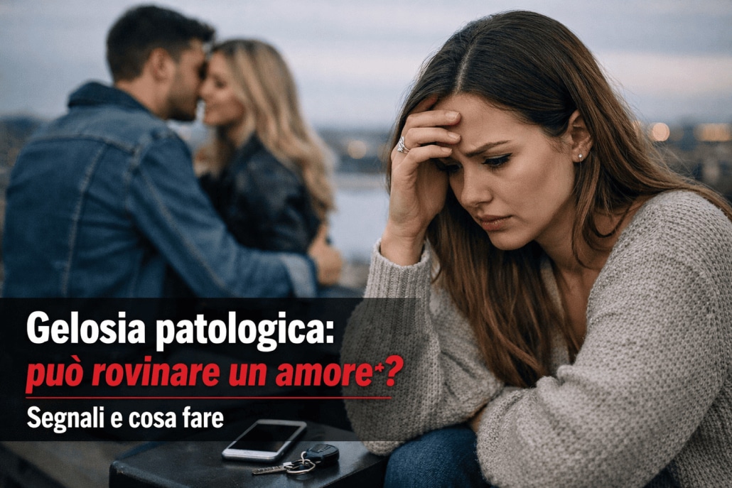 Donna in ansia per gelosia patologica mentre osserva il partner con un’altra persona