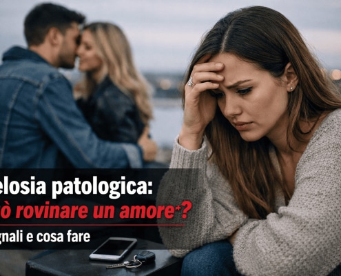 Donna in ansia per gelosia patologica mentre osserva il partner con un’altra persona