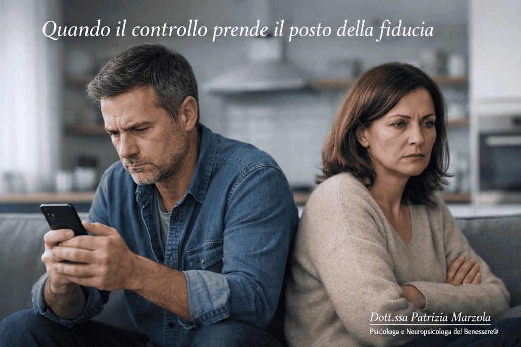 Gelosia patologica e social network. Uomo che controlla lo smartphone mentre la partner appare distante, segnale di gelosia patologica e controllo nella relazione