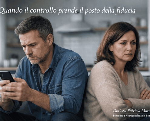 Gelosia patologica e social network. Uomo che controlla lo smartphone mentre la partner appare distante, segnale di gelosia patologica e controllo nella relazione