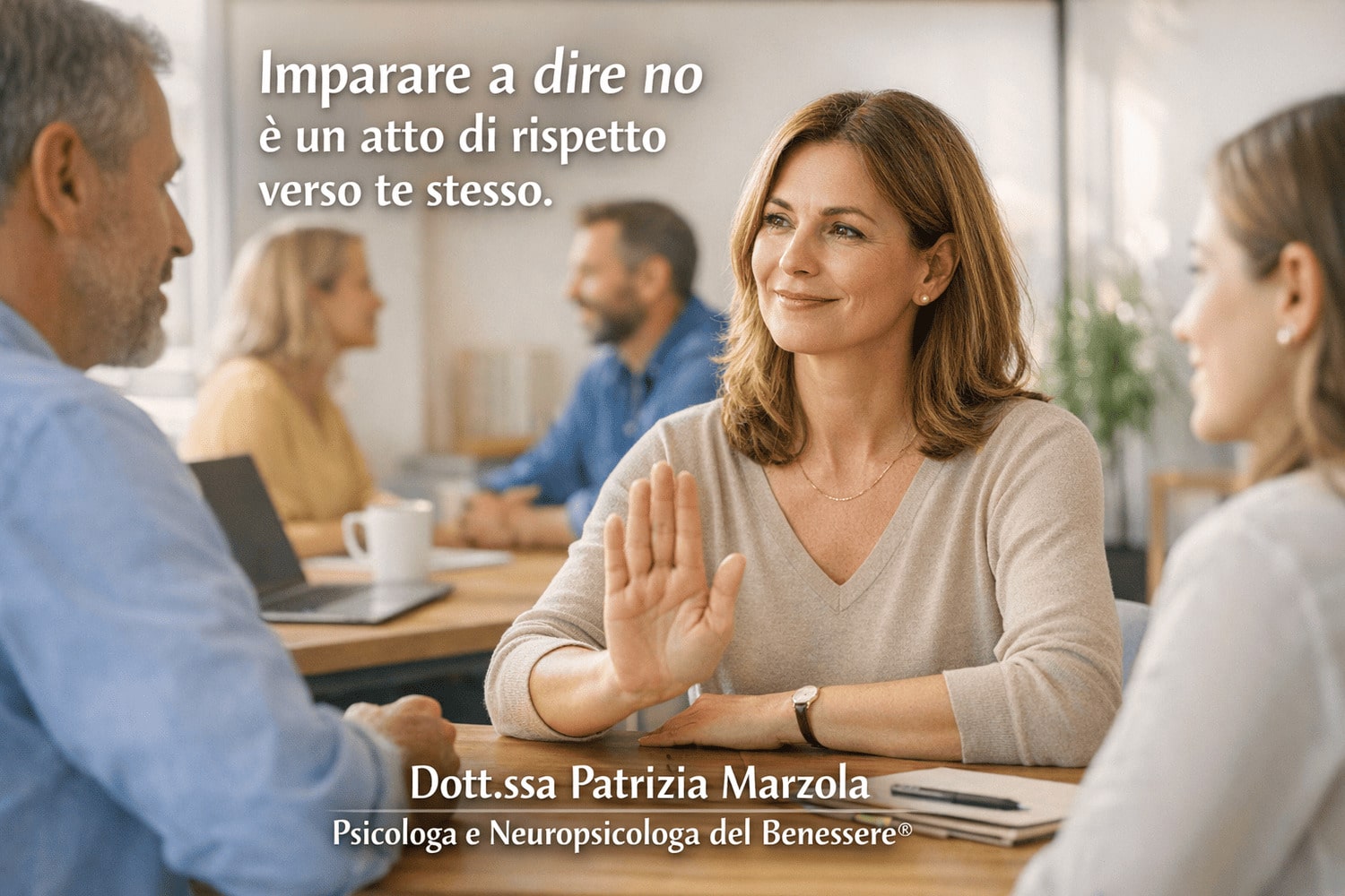 Imparare a dire no senza sentirsi in colpa – Comunicazione e relazioni Persona adulta che comunica con calma e sicurezza in un contesto relazionale, simbolo di imparare a dire no senza sentirsi in colpa e mantenere confini sani.