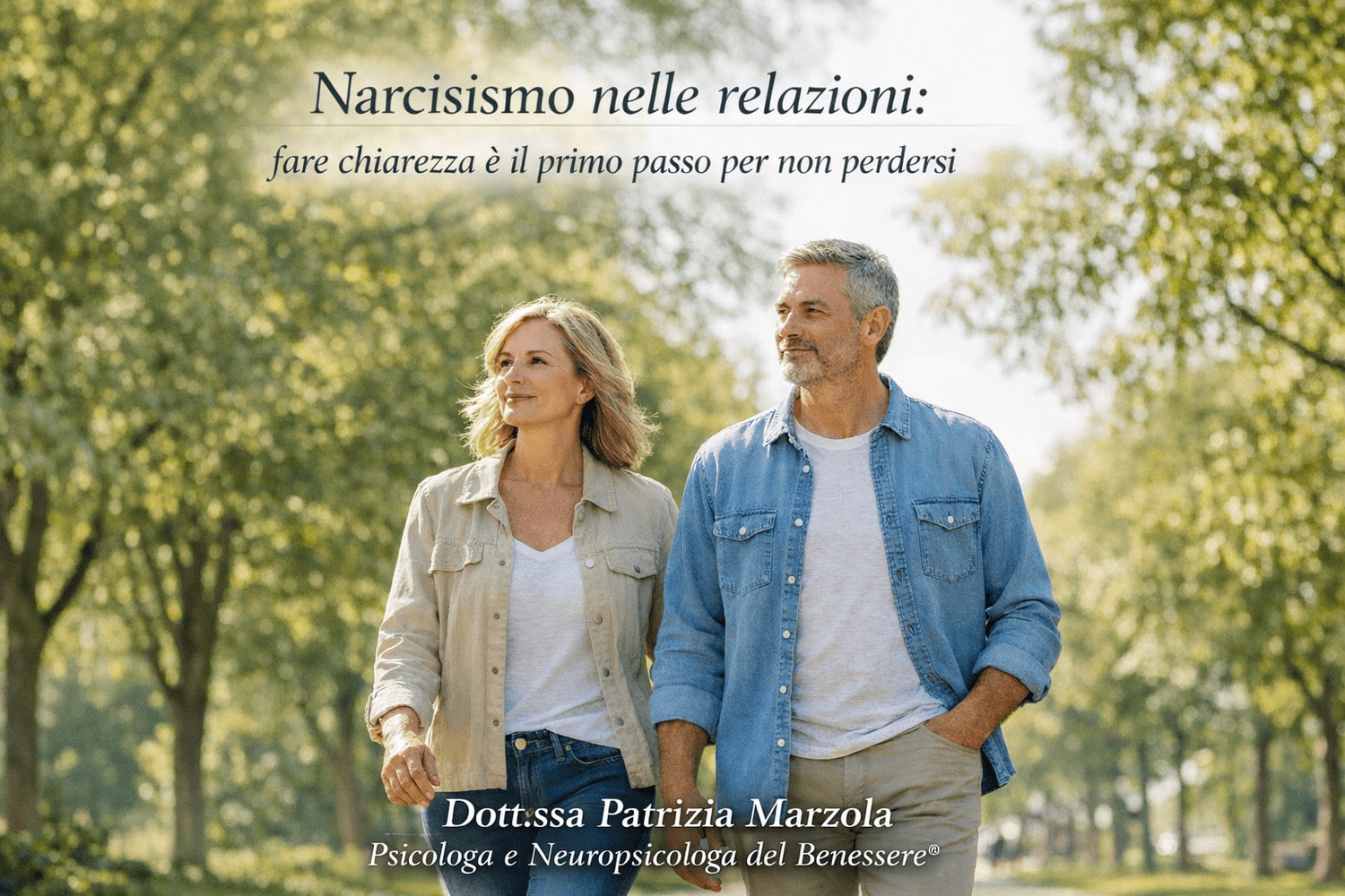 Narcisismo nelle relazioni: uomo e donna camminano insieme all’aperto, simbolo di chiarezza, consapevolezza ed equilibrio nelle relazioni