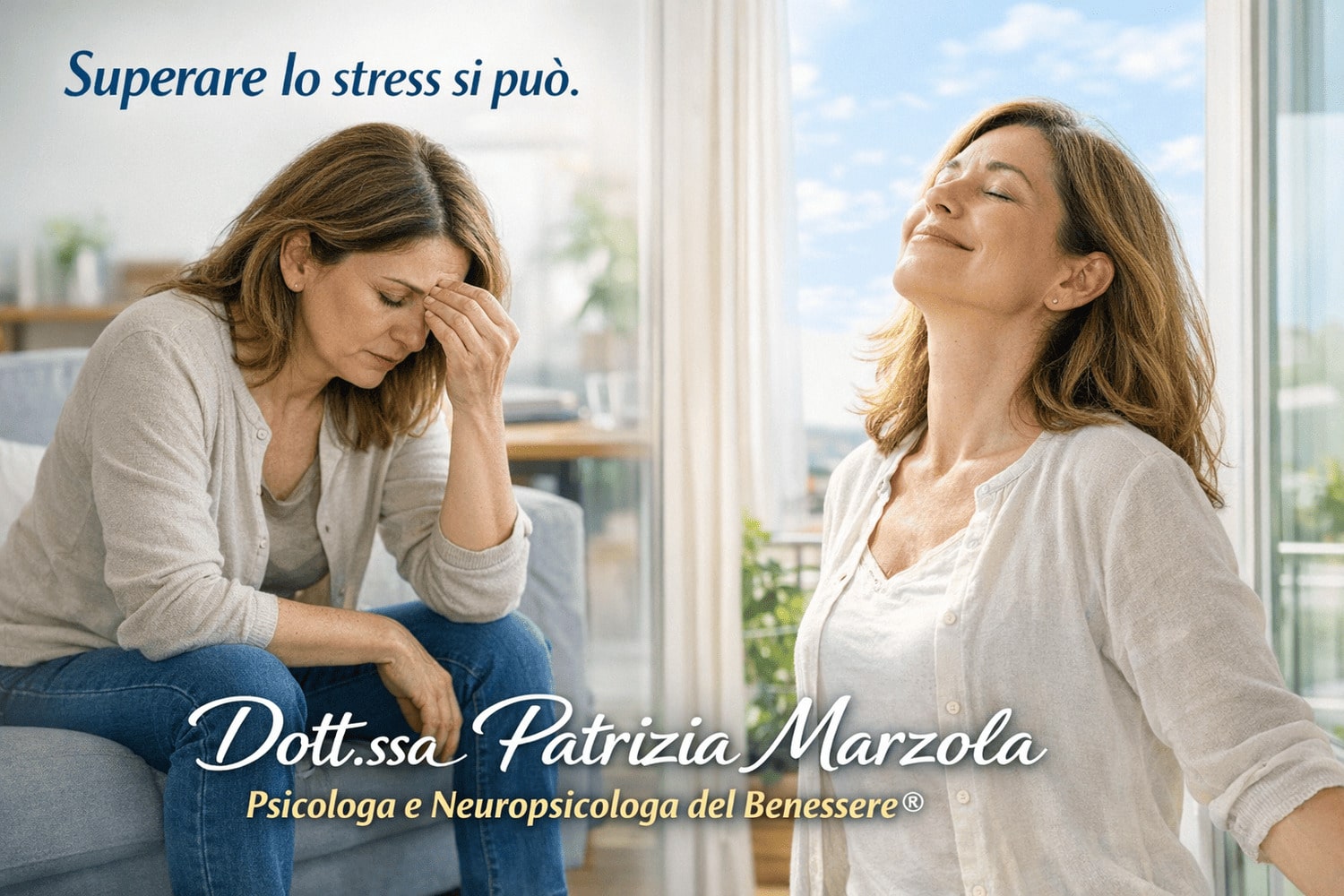 Superare lo stress: ritrovare equilibrio e lucidità – Patrizia Marzola Persona adulta che ritrova calma ed equilibrio dopo un periodo di stress, concetto di superare lo stress e recuperare benessere psicologico