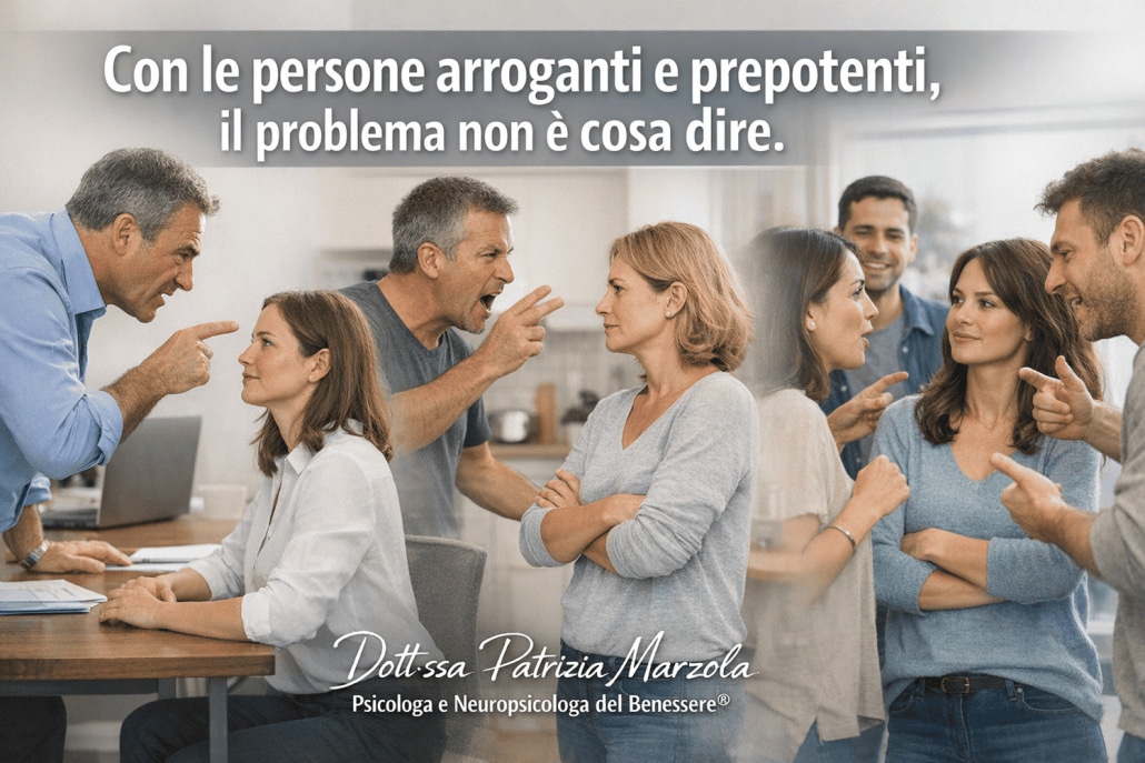 Persone arroganti e prepotenti e persona che mantiene calma e posizione nelle relazioni