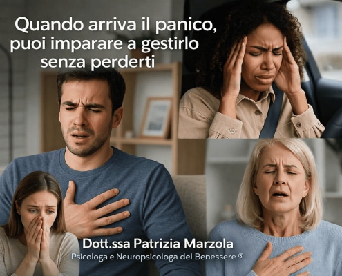Attacco di panico: persone con sintomi fisici come respiro corto, tensione e paura