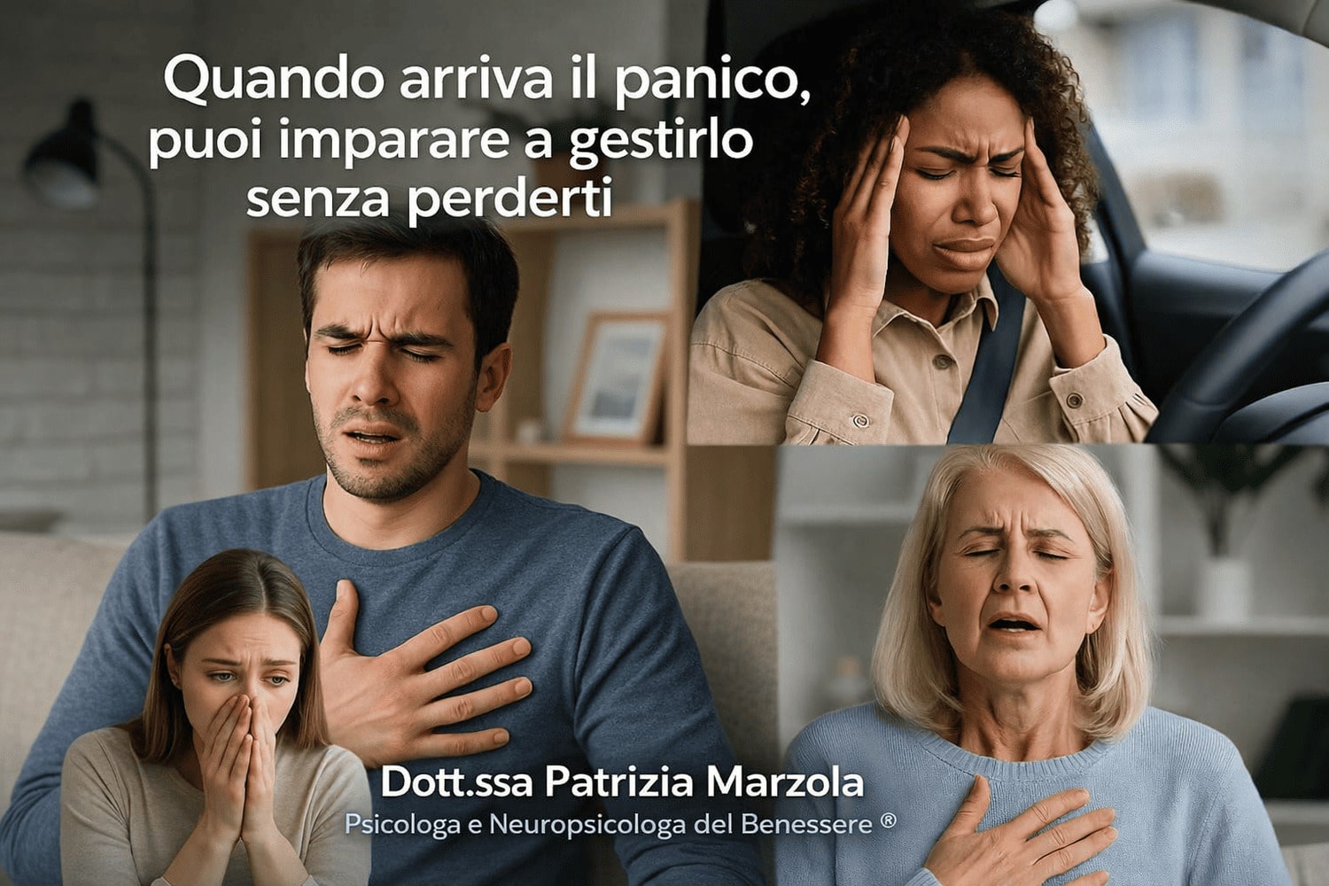Attacco di panico: sintomi e cosa succede Attacco di panico: persone con sintomi fisici come respiro corto, tensione e paura