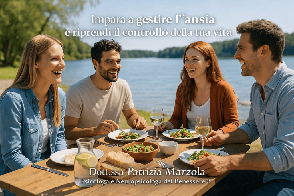 Gestire l’ansia nella vita quotidiana: persone serene che condividono un momento di benessere e relazioni positive