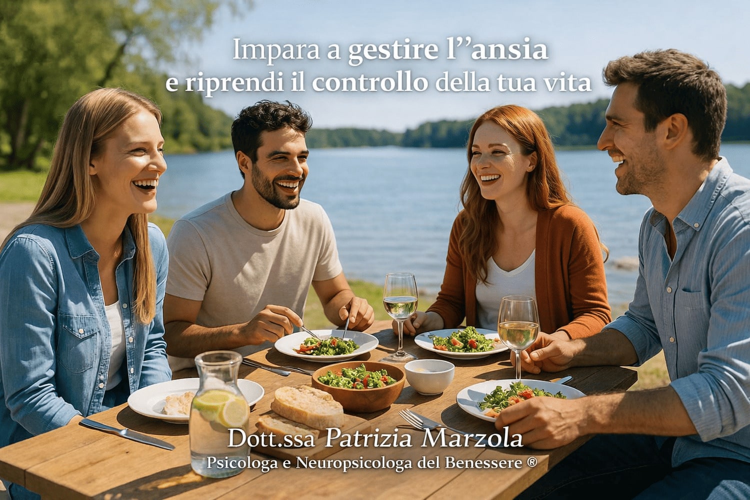 Gestire ansia nella vita quotidiana e ritrovare serenità Gestire l’ansia nella vita quotidiana: persone serene che condividono un momento di benessere e relazioni positive