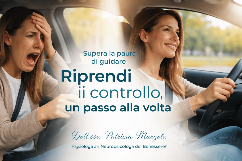 Paura di guidare e superamento dell’ansia: persona passa da panico alla guida a guida sicura e serena