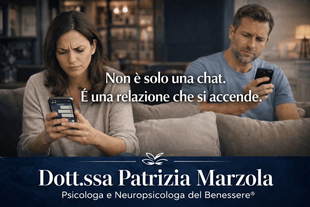 Chat di classe WhatsApp: due genitori leggono messaggi sul telefono con espressione tesa, mostrando come la comunicazione scritta può creare fraintendimenti e conflitti nelle relazioni