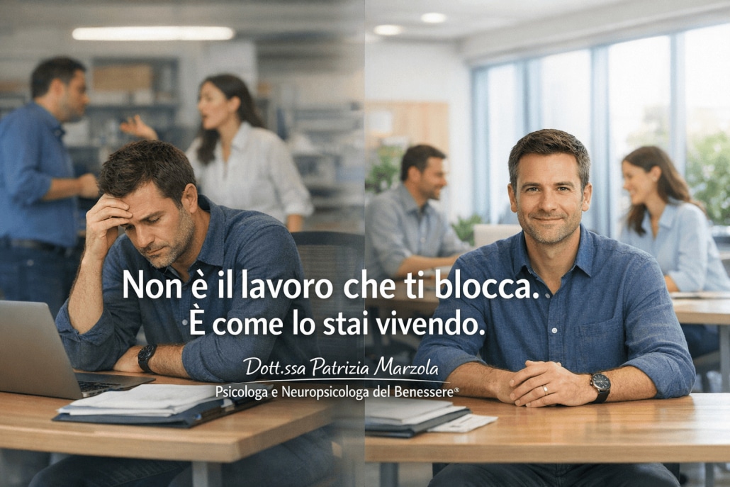 Difficoltà lavorative: persona in ufficio che passa da stress e confusione a maggiore chiarezza e sicurezza nelle relazioni professionali