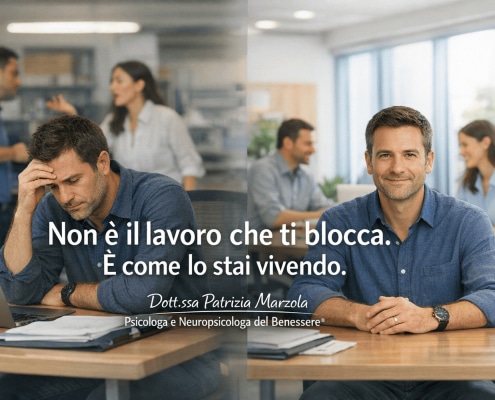 Difficoltà lavorative: persona in ufficio che passa da stress e confusione a maggiore chiarezza e sicurezza nelle relazioni professionali